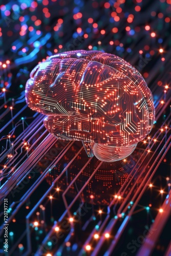 Multi-layered image of a human brain transforming into a digital circuit board  symbolizing AI integration