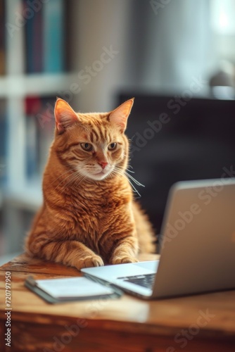 Realistic image of a cat sitting beside a laptop, mimicking a work-from-home setting