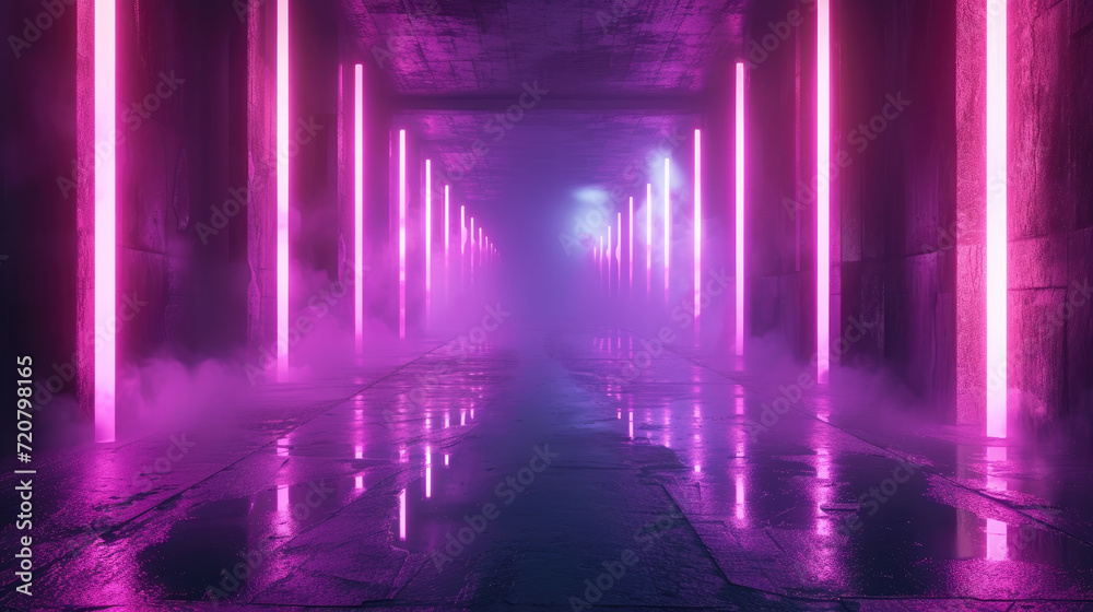 Modern neon garage background, perspective of empty hallway like tunnel with lines of led purple light. Futuristic design of abstract room, dark hall interior. Concept of smoke, studio