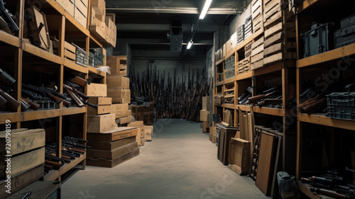 Modern weapon at dark vintage storage, guns stored in old military warehouse. Illegal smuggle arsenal of firearm. Concept of war, industry, package, violence, security and crime