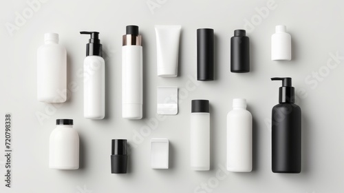 Blank beauty product bottles on a white background. A range of skincare packaging, minimalist design, black and white. Mockup. Concept of modern cosmetics, uniform beauty products, branding template.