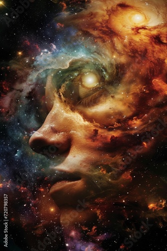 Surreal portrait of a person with a galaxy for a face  stars and nebulae swirling around them
