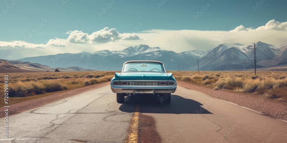 Vintage and retro photo of a classic car parked on a deserted road, with mountains in the backdrop