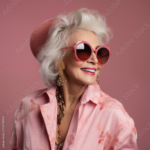 Portrait of a young elderly woman wearing sunglasses, advertising concept, copy space © Рита Конопелькина