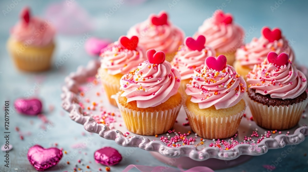 Cupcakes with vibrant pink frosting and sprinkles generative ai Cupcakes with vibrant pink frosting and sprinkles generative ai
