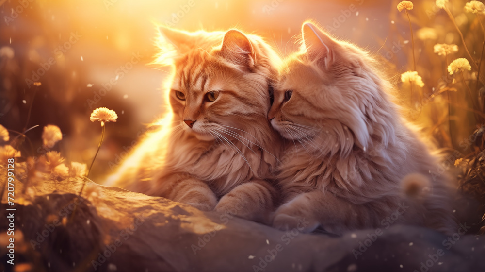 Two cats hug each other and lie sweetly, concept of love, romance