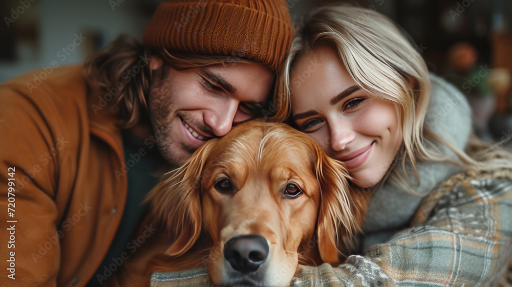 Happy Couple Play with Their Dog, Gorgeous Brown Labrador Retriever, generative ai