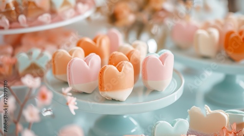 Heart-shaped petit fours with pastel-colored fondant generative ai