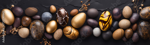 Osterdekoration mit edlen, goldenen Eiern auf dunklem Schieferhintergrund photo