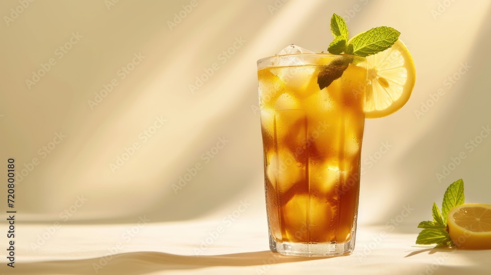 Long Island ice tea cocktail, lemon juice, ice with a lemon slice, and mint in a highball glass. isolated on a Beige background, hard light, text space. Long Island ice tea cocktail, lemon juice, ice with a lemon slice, and mint in a highball glass. isolated on a Beige background, hard light, text space.