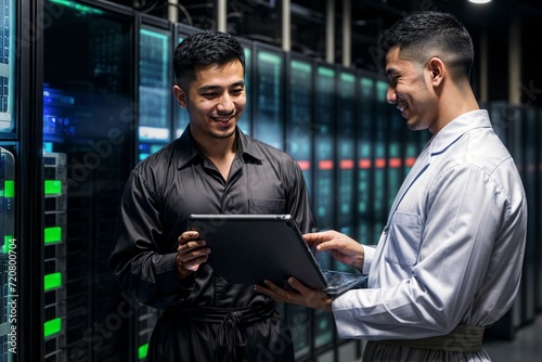 The image captures the collaboration and expertise of two computer technicians working seamlessly in a server room, maintaining and managing the digital infrastructure with precision and teamwork.