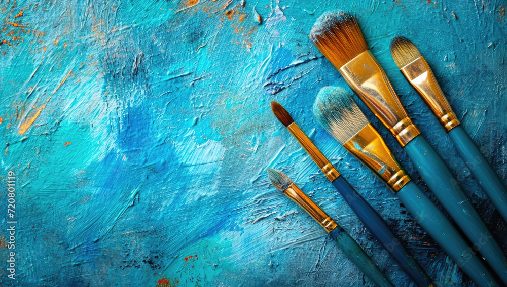 Fototapeta premium paint and brush on an artistic palette, in the style of sky-blue and beige