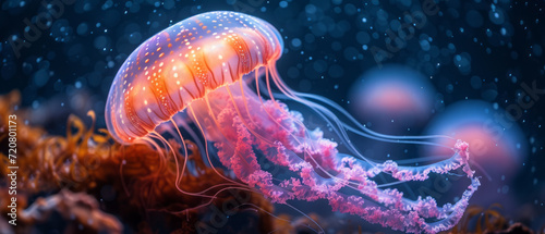 Vibrant aquatic sea jelly with glowing tentacles, generative ai © Krisana