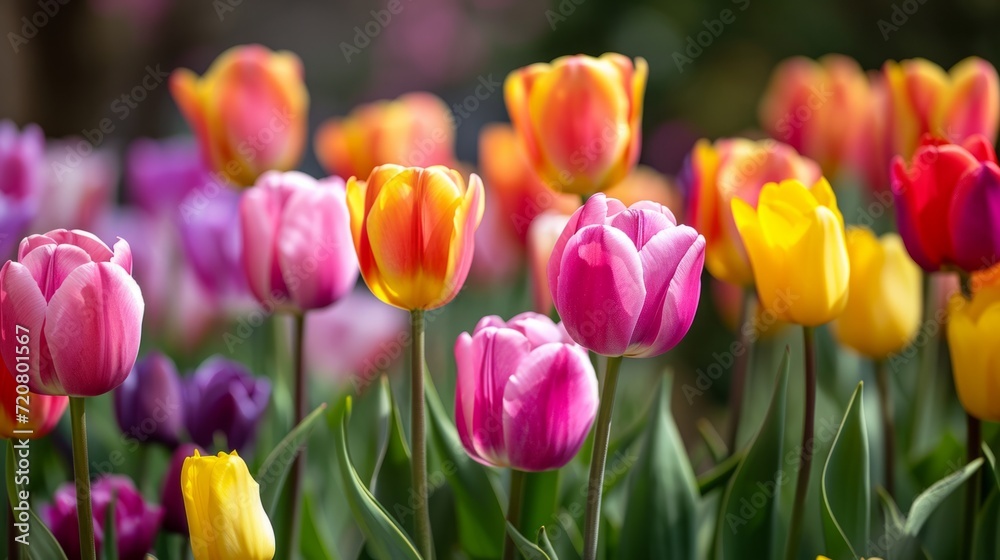 Natural background of vibrant tulips in full bloom, creating a colorful floral tapestry generative ai Natural background of vibrant tulips in full bloom, creating a colorful floral tapestry generative ai