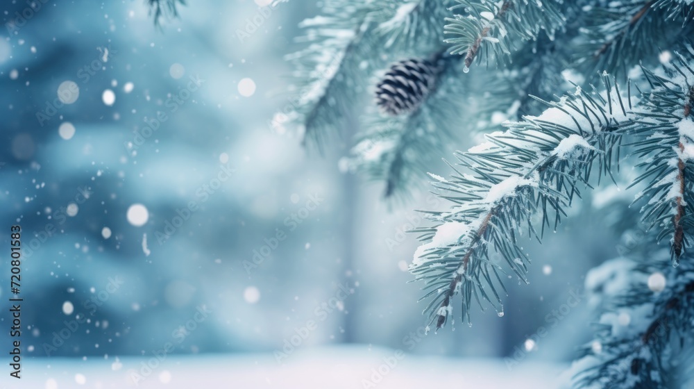 Winter Forest Christmas Magic: Snowfall on Blue Spruce Fir Tree Branches AI Generated AI Generated