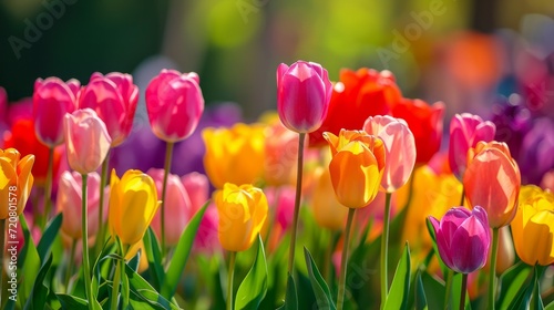 Natural background of vibrant tulips in full bloom  creating a colorful floral tapestry generative ai