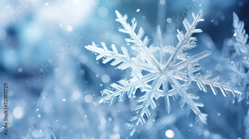 Winter Wonderland: Closeup Macro Image of Snowflakes on a Snowy Holiday Background AI Generated