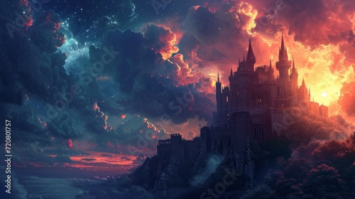 Night sky over a medieval castle, with manga-style clouds generative ai