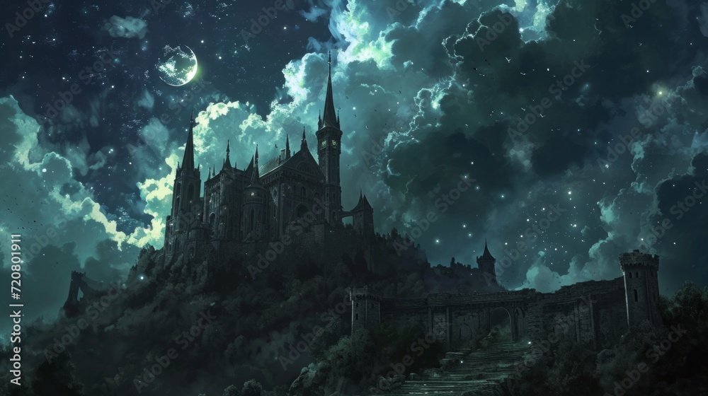 Night sky over a mystical floating island, with manga style clouds generative ai