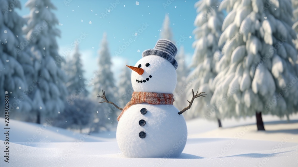 3d render of snowman in winter forest. Christmas background. Generative AI