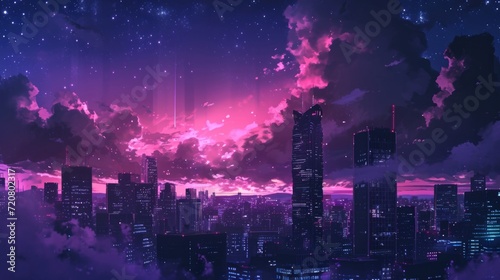 Nighttime cityscape with skyscrapers illuminated against a dark  starry sky. Manga-style clouds generative ai