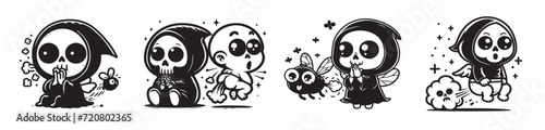 little funny grim reaper, simple character design cartoon set, black and white vector
