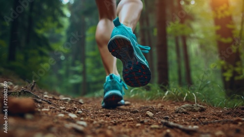 Runner's shoes hitting the trail in a dense forest, surrounded by towering trees and the serenity of nature generative ai