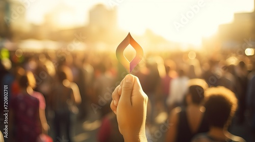 Hand holding a burning candle on the background of a crowd of people in the city Generative AI