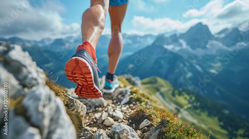 Runner's shoes making strides on a mountain ridge generative ai