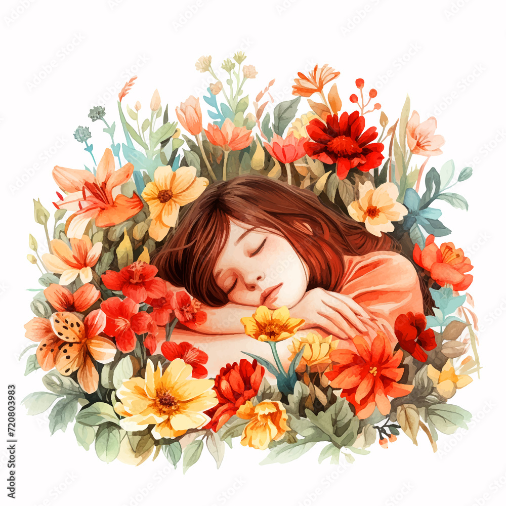 Girl sleeping in flowers watercolor paint Girl sleeping in flowers watercolor paint