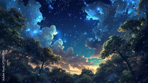 Starry night sky over a magical forest  with manga-style clouds generative ai