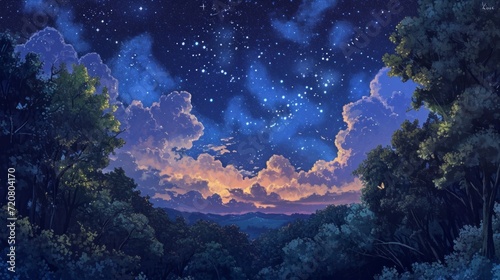 Starry night sky over a magical forest  with manga-style clouds generative ai