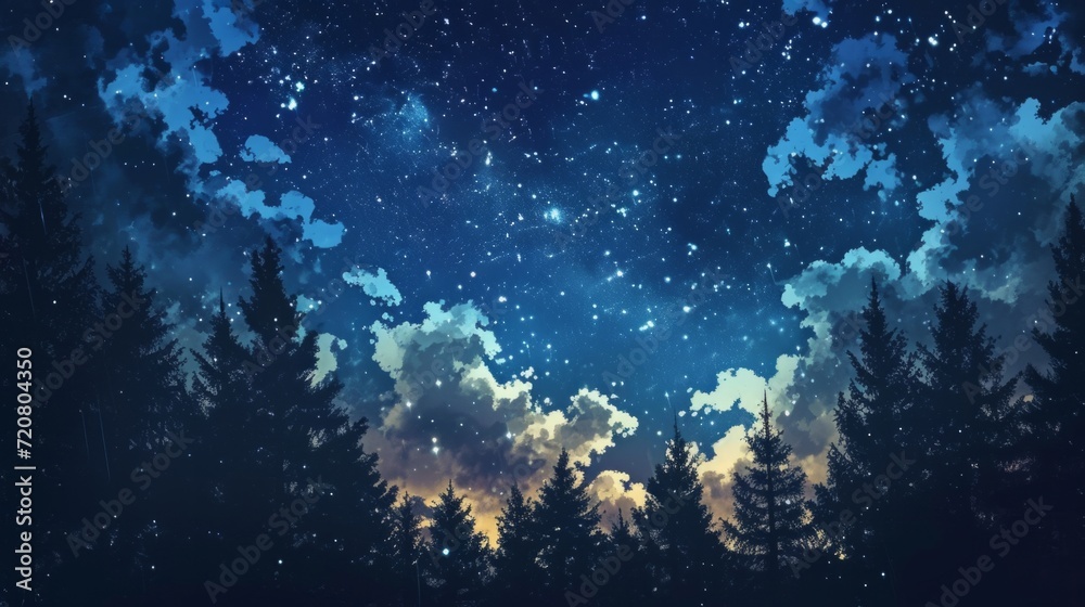 Obraz premium Starry night sky over a magical forest, with manga-style clouds generative ai