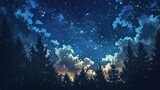 Starry night sky over a magical forest, with manga-style clouds generative ai