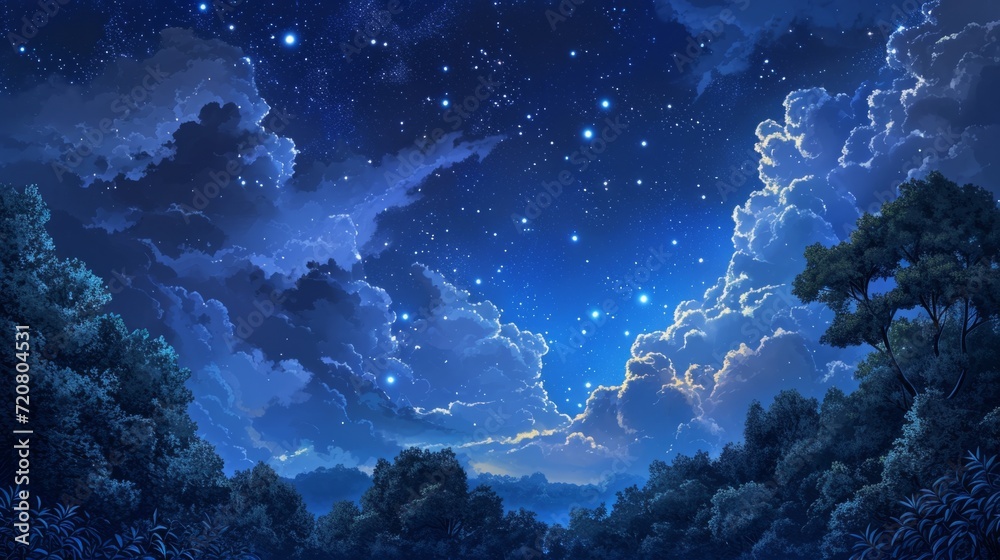 Starry night sky over a magical forest, with manga-style clouds generative ai Starry night sky over a magical forest, with manga-style clouds generative ai