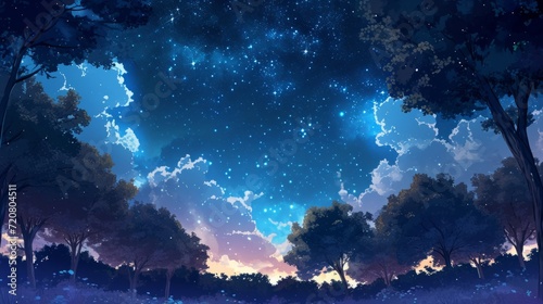 Starry night sky over a magical forest, with manga-style clouds generative ai