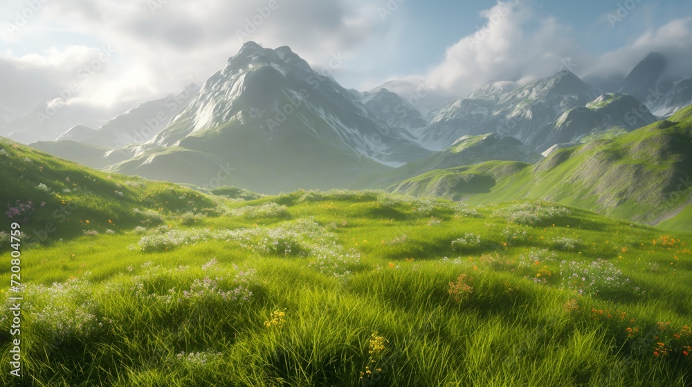 Frontal, low angle view of a continental apex, a green meadow with hills. natural scenery. natural landscape