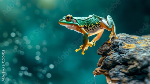 A vibrant true frog basks on a sun-kissed rock, embodying the beauty and resilience of an amphibian in its natural outdoor habitat