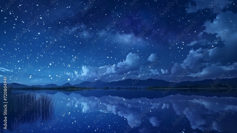 Naklejka premium Starry night sky over a calm lake, with manga style clouds generative ai