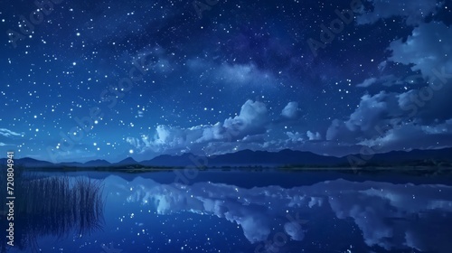 Starry night sky over a calm lake  with manga style clouds generative ai
