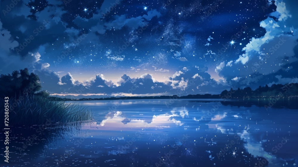 Starry night sky over a calm lake, with manga style clouds generative ai Starry night sky over a calm lake, with manga style clouds generative ai