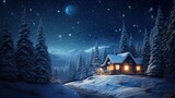 Enchanting Winter Forest with Christmas Trees and Cozy Cabin AI Generated