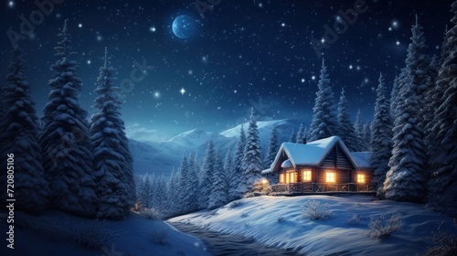 Enchanting Winter Forest with Christmas Trees and Cozy Cabin AI Generated © Alex