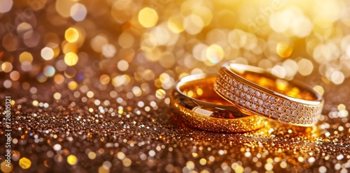 Sparkling with luxury and elegance, these dazzling gold rings adorned with glistening diamonds are the ultimate fashion statement for any blingbling enthusiast photo