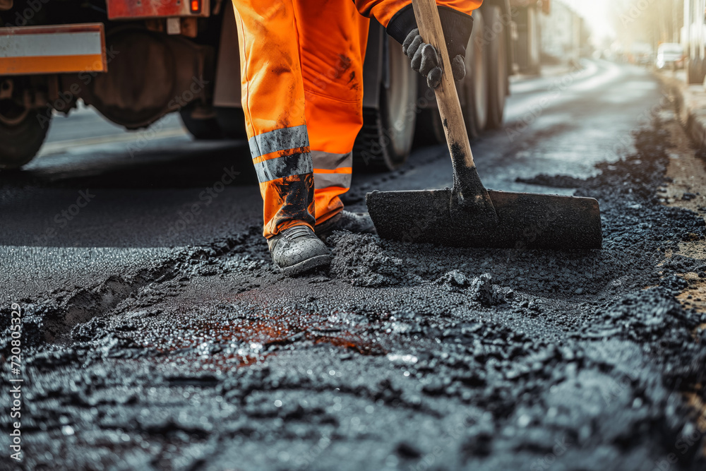 A road worker in orange overalls shovels fresh asphalt from a truck across a section of road being repaired. The damaged asphalt was replaced with a new.