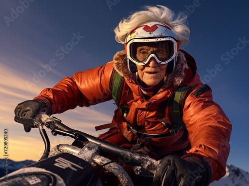 photo of a 70 year old woman doing extreme sports, fully equipped with a helmet and goggles on a snowmobile