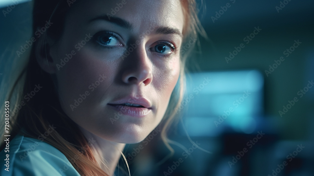 Close-up of a woman's face with reflective contemplation in a dimly lit environment.