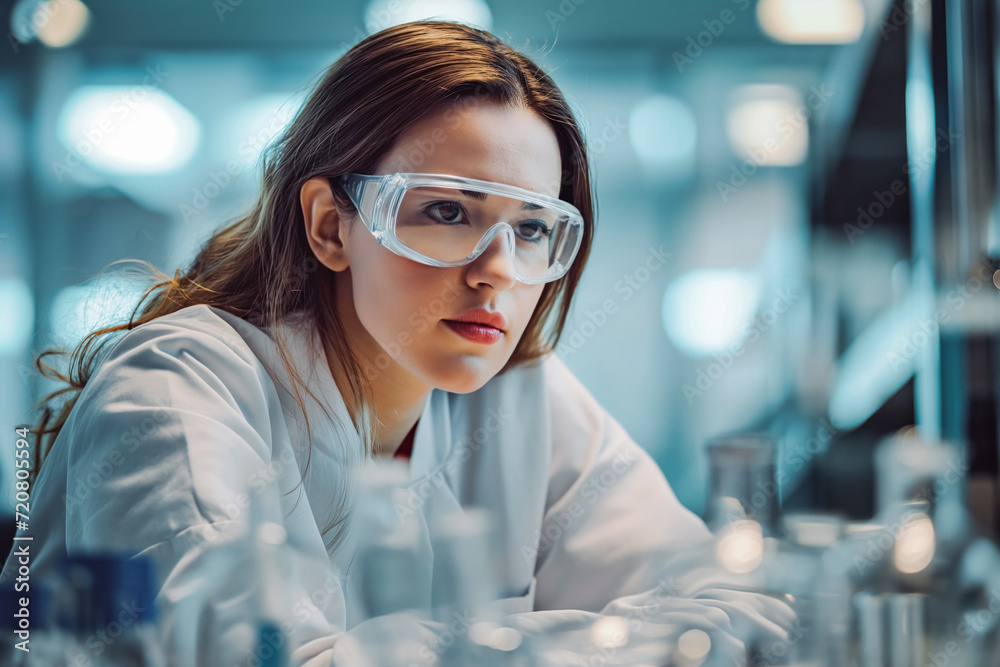 Female microbiologist in sterile clothing and safety goggles sitting in laboratory. She tests for new forms of the virus that have not yet been tested. Female microbiologist in sterile clothing and safety goggles sitting in laboratory. She tests for new forms of the virus that have not yet been tested.