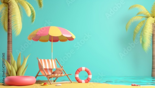 Beach umbrella with chairs and beach accessories on blue background. summer vacation concept. 3d rendering photo