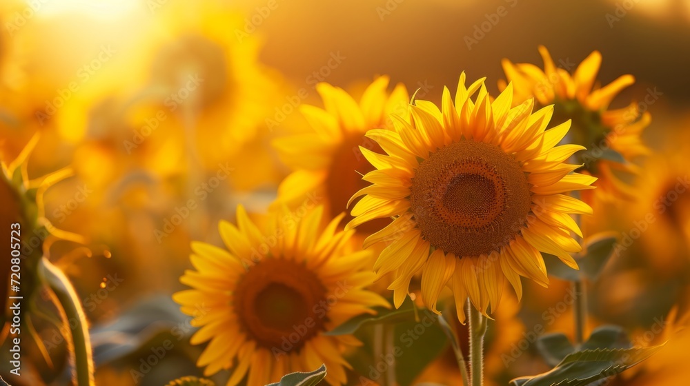Fototapeta premium Sunflowers in a golden field, creating a bright and warm natural background generative ai
